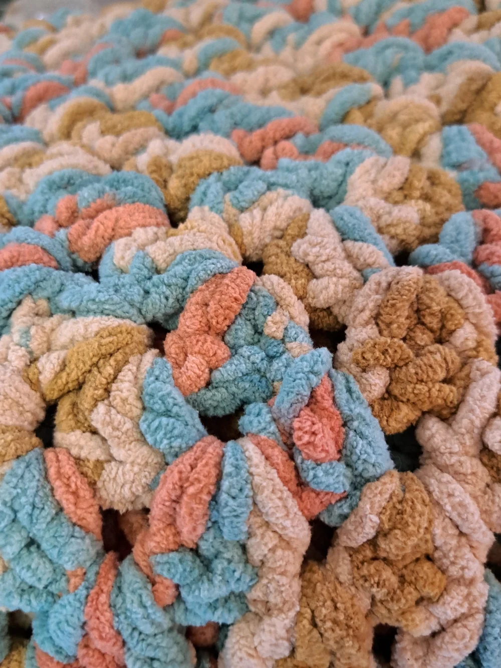 Boho Plush Crochet Throw Blanket in Blue, Coral & Cream (40